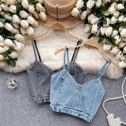 Women's Tanks Sweet Spaghetti Strap Tank Crop Tops Denim Top Sexy Backless Jeans Camis French Chic Slim Fit Vestido Female Drop