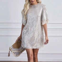 Casual Dresses Women's Fashion Elegant Sequin Short Sleeve Dress Spring And Summer Round Neck Solid Colour Loose