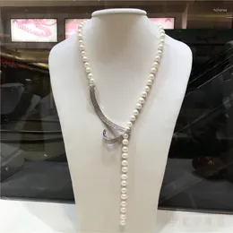 Chains Hand Knotted 8-9mm Natural White Freshwater Pearl Necklace Micro Inlay Zircon Accessories Long Sweater Chain 80cm Fashion Jewelr