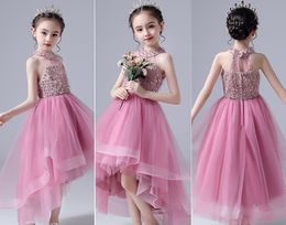 Abiti da ragazza di fiore hi-lo in tulle con scollo all'americana piuttosto rosa Abiti da spettacolo per ragazze Gonna per compleanno/festa per ragazze Abito per tutti i giorni personalizzato SZ 2-12 D321077