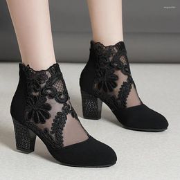 Dress Shoes Plus Size Black Women's Chunky Heel Summer Zipper Ladies Heeled Sandals Vintage Breathable Mesh Ankle Boots For Women