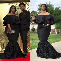 plus size black mermaid prom dresses off shoulder flowers ruffles satin abendkleider evening gowns formal party dress arabic robes de