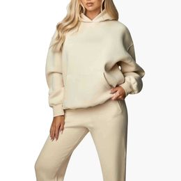 New Design 20234 Winter Warm Heavy Hooded Sweatshirt Blank High Quality Oversized Hoodie and Sweat Pants Tracksuit for Women