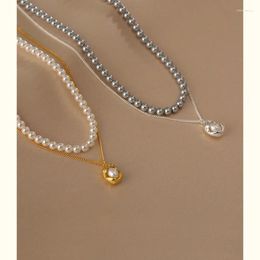 Pendant Necklaces Minar Korea Double Layered Round Simulated Pearl Beaded For Women Real Gold Silver Plated Copper Chokers