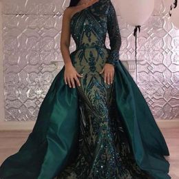 Luxury Dark Green Evening Dresses 2020 One Shoulder Zuhair Murad Dresses Mermaid Sequined Prom Gown With Detachable Train Custom M5214695