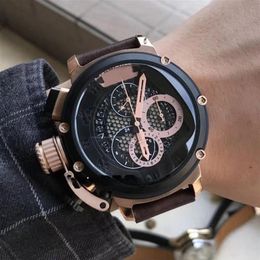 Cheap Left Handed 50mm U-51 U51 Chimera Bronze 7474 Skeleton Black Dial Quartz Chronograph Mens Watch Rose Gold Leather Strap Spor256x