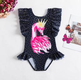 INS Little Girls crown flamingo one-piece Swimsuit kids polka dots falbala fly sleeve Swimwear children SPA beach swimming Z5366