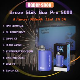 Original Breze Stiik Box Pro 5000 Puffs Disposable E Cigarette 12ml Pre filled Pod Mesh Coil Rechargeable Air Conditioning 2% 5% Puffs 5k Vape Pen