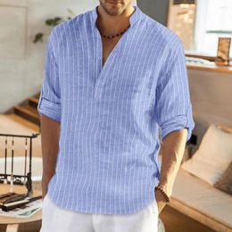 Men's Casual Shirts Business Shirt Stylish Striped With Stand Collar Cufflink Detail Soft Breathable Fabric For Spring Fall Loose