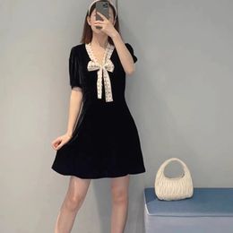 Women's velvet bow tie small black dress short sleeved dress V-neck waist A-line skirt