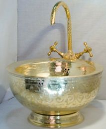 Lavello a vaso in ottone solido e set di rubinetti del bagno, lavandino marocchino inciso a mano