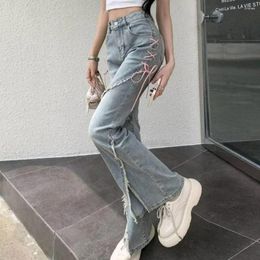 Women's Jeans Bootcut With Side Ties High-waisted Denim High Waist Flared Hem Ripped Strap Decor Patchwork Detail