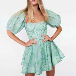 Seaside Holiday Style Short Skirt Womens 2022 Summer New Fashion Square Neck Puff Sleeves Floral Waist Thin Dress