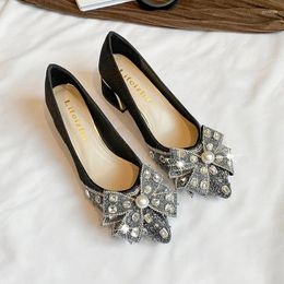 Dress Shoes For Women Fashion Shiny Pumps Pointed Toe Rhinestone Bowknot High Heels Ladies Boat Big Size