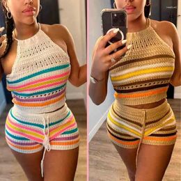 Women's Tracksuits Women Sexy Short Sets Summer Sweater Fashion Open Back Hanging Neck Top & Wrapped Hip Tight Set Beach Style