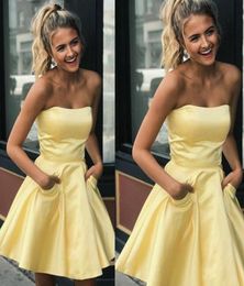 Light Yellow Homecoming Dresses 2020 Satin Backless Short Mini Cocktail Dress Strapless Girls Prom Gowns With Pocket66522916772840