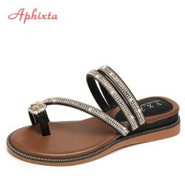 Sandals Aphixta Wedges Sandals Women Rhinestones Female Flip Flops Summer Modis Leather Crystal Slippers Ladies Babouche Bling Shoes