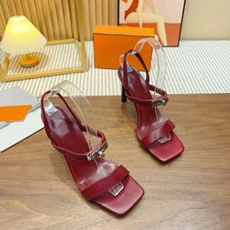 Designer Women's High Heel Sandals Leather Party Fashion Metal Double buckle Summer Designer Sexy Peep-toe women's chunky Heel Dress Shoes High Heels 35-42 with box