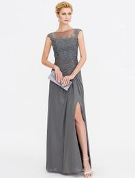 A-Line Grey Mother of the Bride Dress 2024 See Through Bateau Neck Floor Length Chiffon Lace Wedding Party Gowns Robe De Soiree