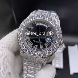 Men's full Iced Diamond Wristwatch prong set Watch Silver Stainless Steel Case black face Diamond Strap Automatic Mechanical 146r