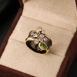 Cluster Rings Vintage Women's Ring Multi Colour CZ Wedding Jewellery Black Gold Personality Cocktail