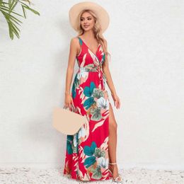Casual Dresses Women's Summer V Neck Colourful Print Sleeveless Tie Belt Skinny High Waist Slit Hem Beach Dress For Women
