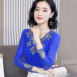 Women's Blouses 2024 Women Long Sleeve Lace Blouse Elegant Lady Thin V-neck Mesh Blousas Embroidery Shirt Bottomings Pullovers Shirts 2363