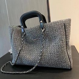 Women Designer Large Capacity Black And White Plaid Denim Tote Bag Silver Metal Chain Shoulder Strap Vintage Shoulder Bag Handbag Big Shopping Bag 37x30cm