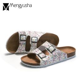 Sandals 2024 Sweet Girls Print Flower Cork Shoes Summer Double Band Wooden Sandals Woman Buckle Flip Flops Casual Slides Beach Sandalias