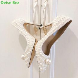 Dress Shoes White Pearl Pointed Toe Pumps For Women Luxury Designer Thin High Heel Shallow Handmade Slip-on Elegant Fashion Female