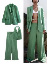 ZBZA Womens Suit Vest Wide Leg Pants Three Piece Set Fashion Blazer Y2K Sexy Streetwear Vintage Green 240219