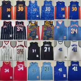 Retro Basketball Hakeem Olajuwon Jerseys 34 Man Vintage Stephen Curry 30 Kevin Garnett 21 Dirk Nowitzki 41 Stripe Navy Blue White Black Red Orange Team Throwback