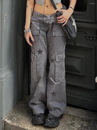 Women's Jeans Women Low Waist Ripped Y2K Wide Leg Baggy Cargo Vintage Printed Grunge Denim Pants Trousers Streetwear