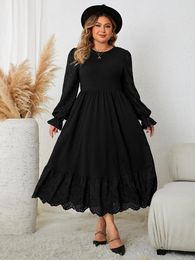 Plus Size Dresses Black Elegant Women's Casual Hollow Puff Long Sleeve Maxi Dress Lady Party Evening Clothing Large