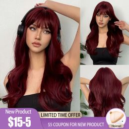 Wigs HENRY MARGU Wine Red Long Wavy Synthetic Wig High Temperature Natural Wig with Bangs Colorful Party Cosplay Hair for Black Women