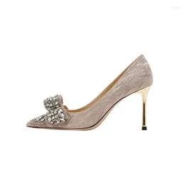 Dress Shoes French Wedding 2024 Spring And Summer Rhinestone Pointed Bow High Heels Women's Stiletto Crystal Single Women