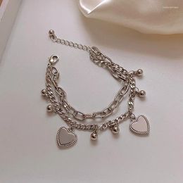 Link Bracelets Minar Stylish Double Layered Chunky Chain Love Heart Bracelet For Women Metallic Cross Beaded Charm Hip Hop Jewelry