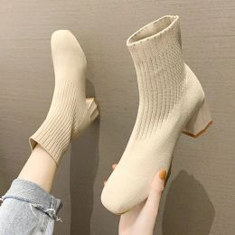 Boots Booties Elastic Footwear White Heeled Very High Heels Short Shoes for Women Sock Female Ankle Boots with Free Shipping New in Pu