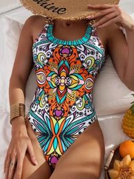 Women's Swimwear Sexy Printed O-Neck Women One Piece Swimsuit Female Backless High Leg Cut Bather Bathing Suit Swim One-Piece Suits