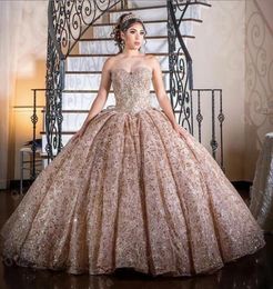 Rose Gold Beaded Lace Pink Chrro Ball Gown Quinceanera Dresses 2022 Custom Made Sweetheart Vestidos De XV Anos Prom Party Dress Fo4330634