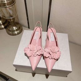 2024 Early Spring New Flower Fairy Romantic Orchid Pointed High Heel Sandals French Premium Genuine Leather Small Heels Women's Shoes