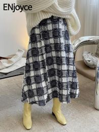 Skirts ENjoyce Spring Fall Vintage Romantic Chequered A-shaped Flared Skirt High Waist A-line Ladies Casual Plaid Long Dress