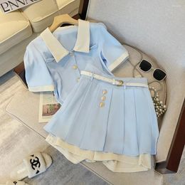 Work Dresses 2024 Women's Fashion Blue Suit Split Shirt And Shorts Skirt Summer Casual Ladies Office Workt Two-piece Set Clothing