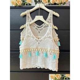 Womens Tanks Camis Bohemian Tank Top For Women V Neck Tassel Hook Flower Hollow Camisole Female Outwear Ethnic Style Sling Vest Summer Otcb3