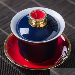 Coffee Tea Tools Red Gaiwan Gold Line Ceramic Tureen Porcelain Big Bowl Drinkware For Home Decor27 Drop Delivery Garden Kitchen Dining Otzg0
