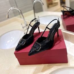 Designer women slingback high heels shoes satin pump with all-over tubes embroidery black leather pointed dress party shoes fashion sandals 4.5cm/8cm high