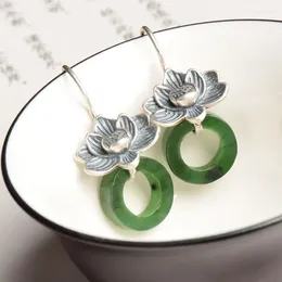 Stud Earrings Guoyu Hetian Jade Antique Lotus Pattern Peace Buckle Women's Guofeng Gemstone Silver Natural