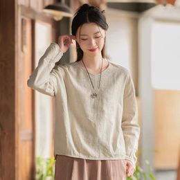 Women's T Shirts Cotton Linen Women Shirt V Neck Solid Color Long Sleeve 2024 Spring Summer Basic Tops Retro Blouse YoYiKamomo