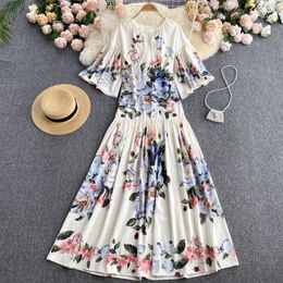 Party Dresses Spring Summer Women V-Neck Speaker Sleeve Loose Long Dress Vintage Court Style Flowers Print Big Hem Maxi