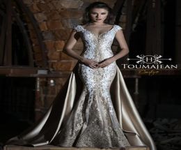 Toumajean Champagne Mermaid Prom Dresses V Neck Lace Applique Beads With Detachable Train Evening Gowns Plus Size Formal Party Dre6619178